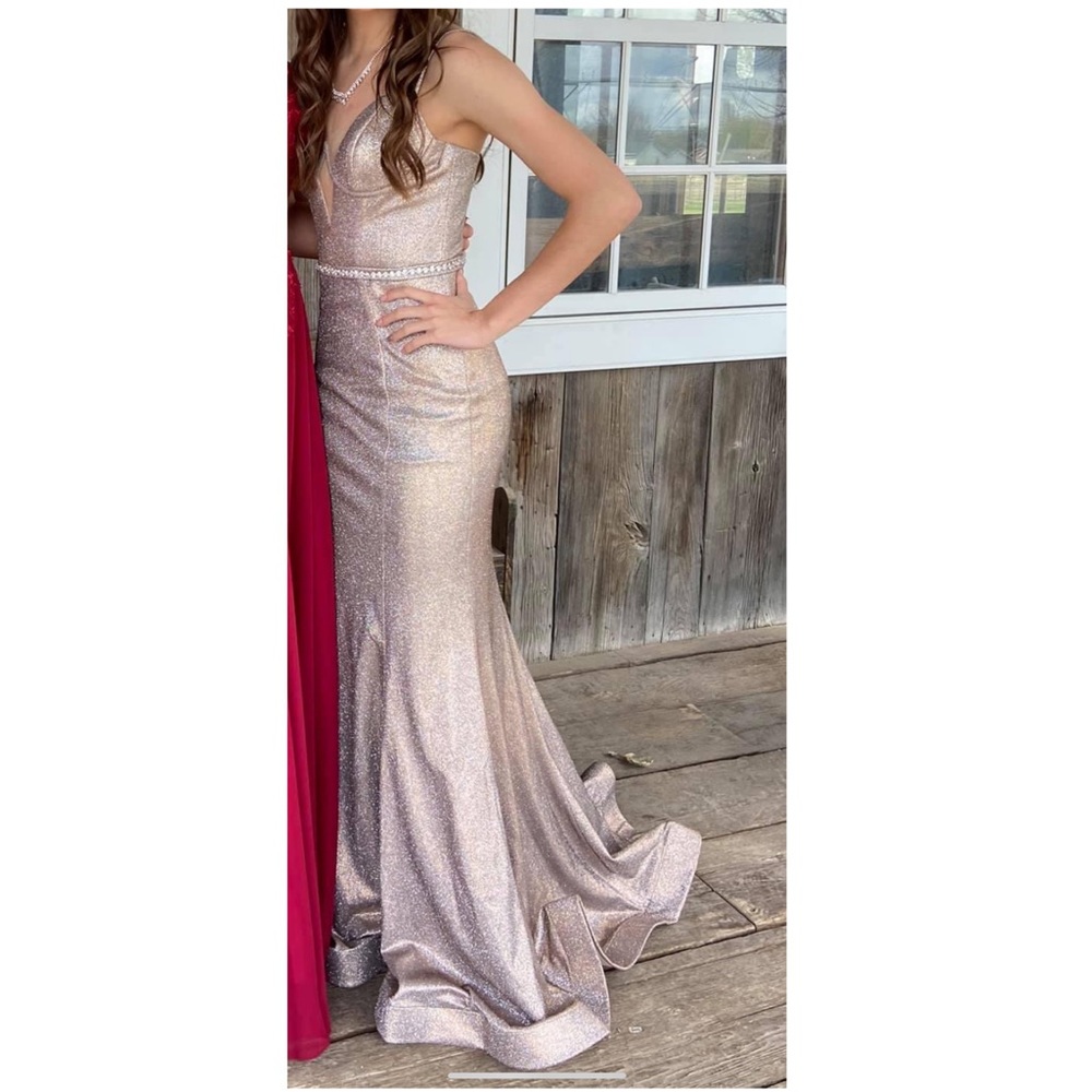 Long glitter fitted prom dress
